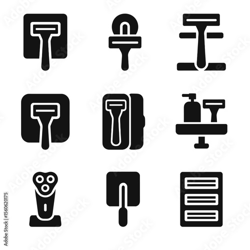 Razor Holder Icons. Solid, filled icon set of razor holder and grooming tools: wall-mounted razor holder, suction cup holder,