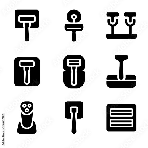 Razor Holder Icons. Solid, filled icon set of razor holder and grooming tools: wall-mounted razor holder, suction cup holder,