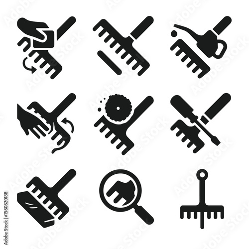 Rake Maintenance Icons. Solid, filled icon set of rake maintenance tasks: cleaning tines, replacing handle, oiling joints,