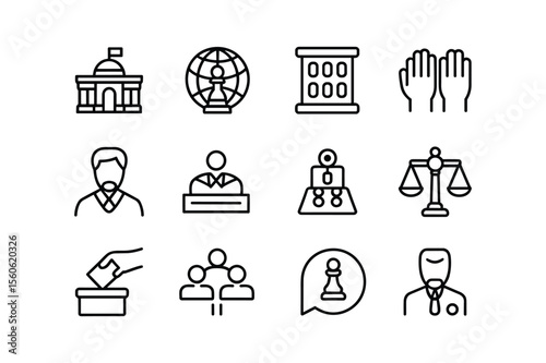 Government building globe chess pawn courthouse hands voting ballot box people speech bubble