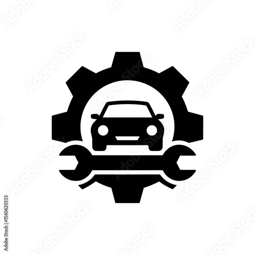Automotive Engineering Symbol: A bold, graphic representation of a car encircled by a gear, with wrenches beneath, symbolizing automotive engineering and repair.