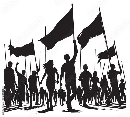 Silhouettes of people marching with flags protest demonstration