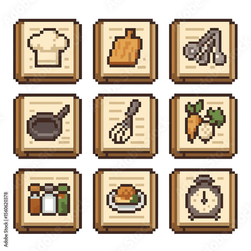Recipe Book Icons. Pixel art icon set of recipe book pages: chef hat, chopping board, measuring spoons, skillet, whisk, vegetable