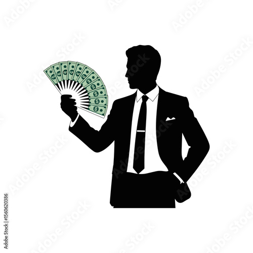 Financial Silhouette: A silhouetted figure, dressed in a stylish suit, holds a fan made of money, a symbol of wealth and success. This stark image conveys a sense of affluence.