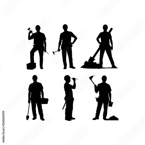 Construction Workers Silhouette: Six silhouettes of construction workers, each engaged in different tasks, provide a versatile set of graphic resources for projects related to building and trades.