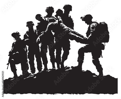 Soldiers carrying wounded comrade across rough terrain military