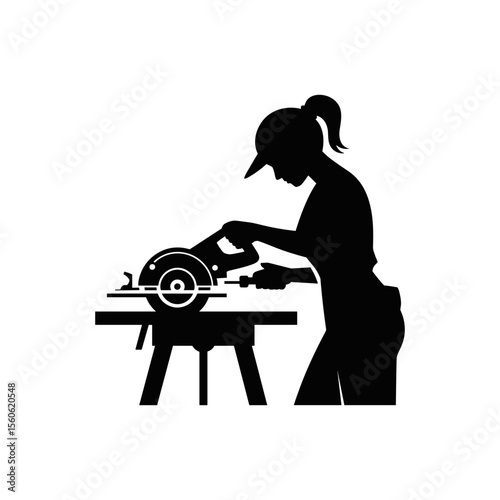 Silhouette of a Crafts person: A silhouette of a woman, showcasing her focus on a circular saw with precision. a modern depiction of skill and craftsmanship.