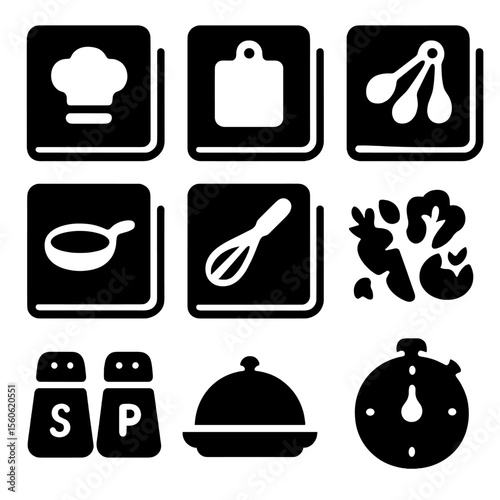 Recipe Icon Set. Solid, Filled icon set of recipe book pages: chef hat, chopping board, measuring spoons, skillet, whisk,