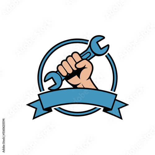 Service Symbol: A strong, determined hand firmly grips a wrench, encircled by a blue ring and adorned with a banner, embodying service and repair with a touch of robustness.