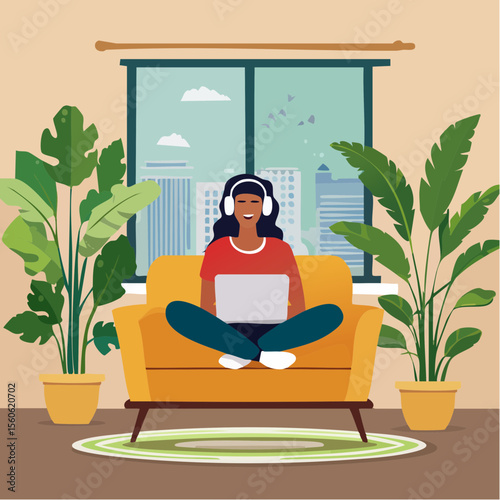 vector Illustration of a woman relaxing at home with headphones and surrounded by plants
