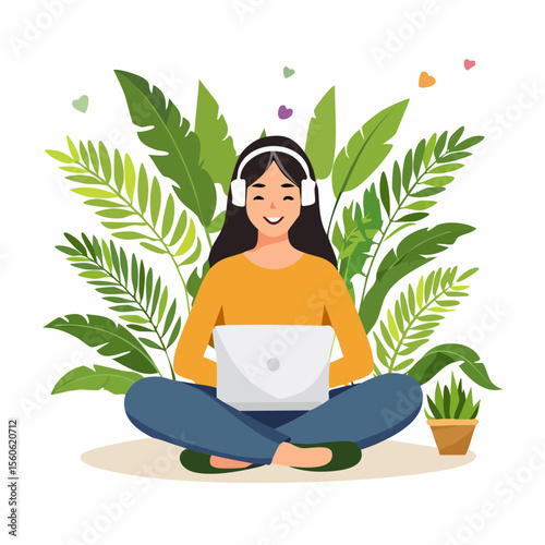 vector Illustration of a woman relaxing at home with headphones and surrounded by plants