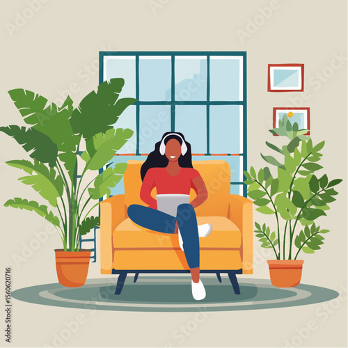 vector Illustration of a woman relaxing at home with headphones and surrounded by plants