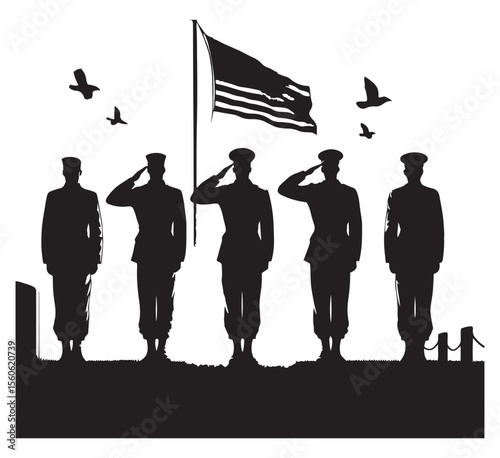 Soldiers saluting american flag with birds flying salute military