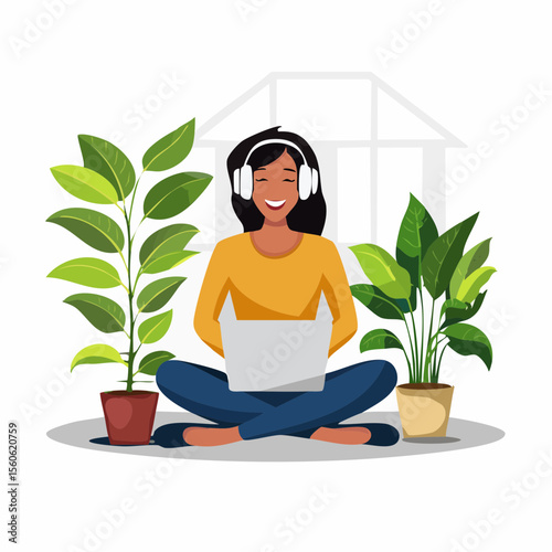 vector Illustration of a woman relaxing at home with headphones and surrounded by plants