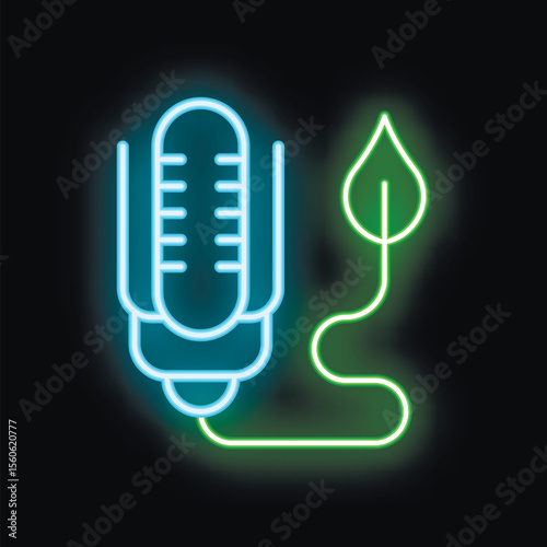 Neon sign icon of a microphone connected with a cable to a leaf, representing eco friendly podcasting