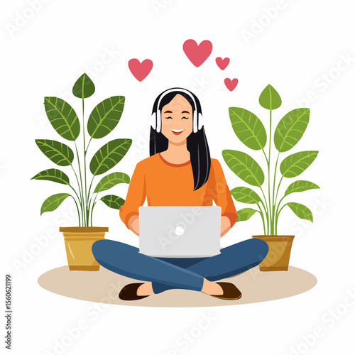 vector Illustration of a woman relaxing at home with headphones and surrounded by plants
