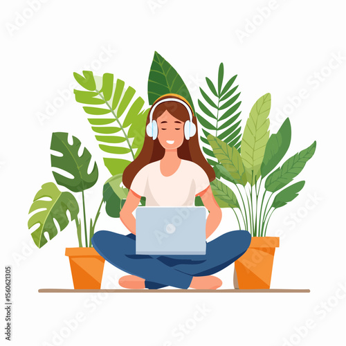 vector Illustration of a woman relaxing at home with headphones and surrounded by plants