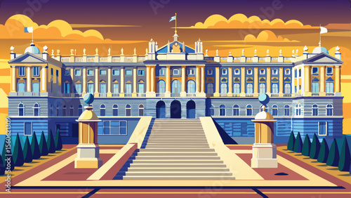 Royal Palace of Madrid shines with granite and white stone symmetry, wide staircases, and regal balconies, standing as the ceremonial heart of Spain’s monarchy.