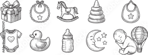 Adorable black-and-white baby shower icons featuring gifts, bibs, rocking horse, stacking rings, onesie, duck, bottle, moon, stars, and baby with hot air balloon