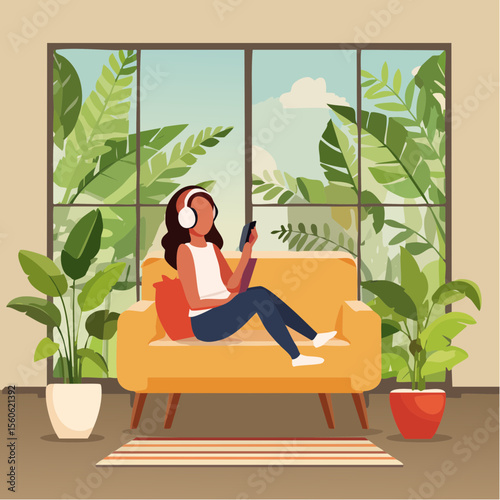 vector Illustration of a woman relaxing at home with headphones and surrounded by plants