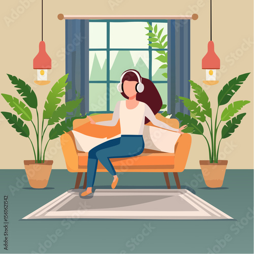 vector Illustration of a woman relaxing at home with headphones and surrounded by plants