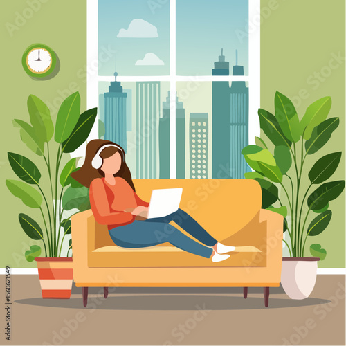 vector Illustration of a woman relaxing at home with headphones and surrounded by plants