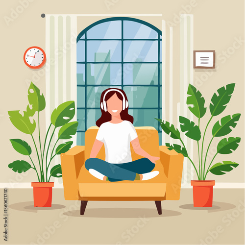 vector Illustration of a woman relaxing at home with headphones and surrounded by plants