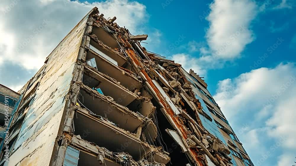 A high-angle view of a multi-story building undergoing demolition, with exposed interior structures and debris.