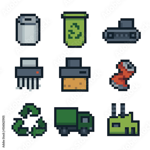 Recycling Workflow Icons. Pixel art icon set of recycling workflow: empty can, recycling bin, conveyor belt, shredder, baler,