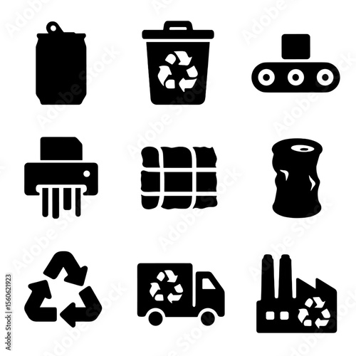 Recycling Workflow Icons. Solid, Filled icon set of recycling workflow: empty can, recycling bin, conveyor belt, shredder, baler,