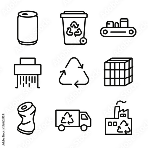 Recycling Icon Workflow. Outline icon set of recycling workflow: empty can, recycling bin, conveyor belt, shredder, baler, crushed