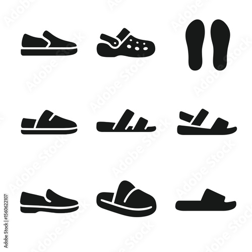 Relaxed Footwear Icons. Solid, filled icon set of relaxed footwear: slip-on sneakers, foam clogs, memory foam insoles, house shoes