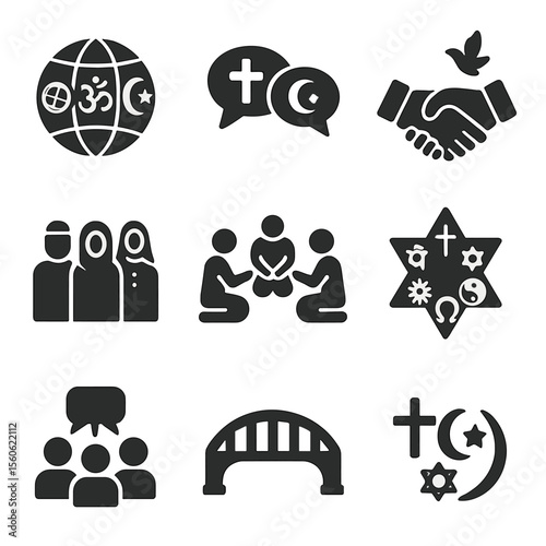 Religious Unity Icons. Solid, filled icon set of religious diversity and unity: world globe with symbols, interfaith dialogue,