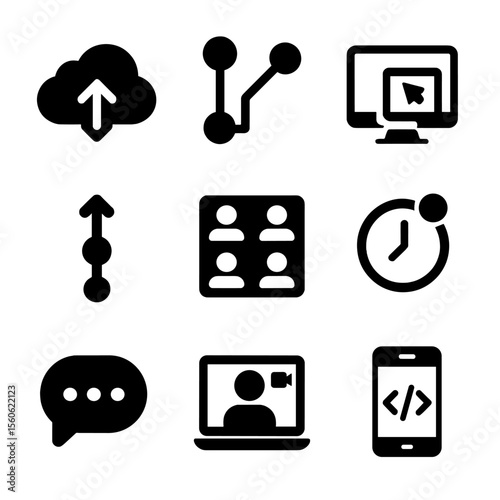 Remote Dev Icons. Solid, filled icon set of remote dev collaboration: cloud sync, shared repo, remote desktop, commit push, team