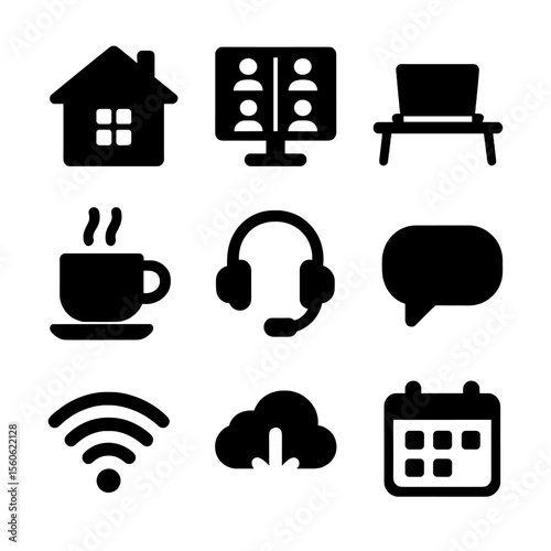 Remote Work Icons. Solid, filled icon set of remote work: home office, video conference, laptop desk, coffee cup, headset, chat