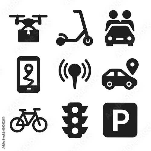 Remote Transportation Icons. Solid, filled icon set of remote transportation: drone delivery, electric scooter, car sharing,