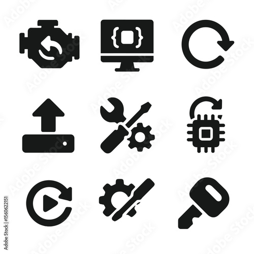 Reset System Icons. Solid, filled icon set of system reset and programming: ECU reflash, code clear icon, reset button, firmware