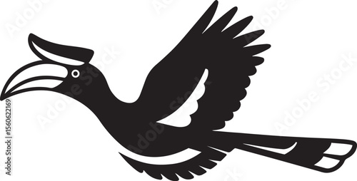 Flying hornbill bird silhouette design, Tropical bird vector in mid flight