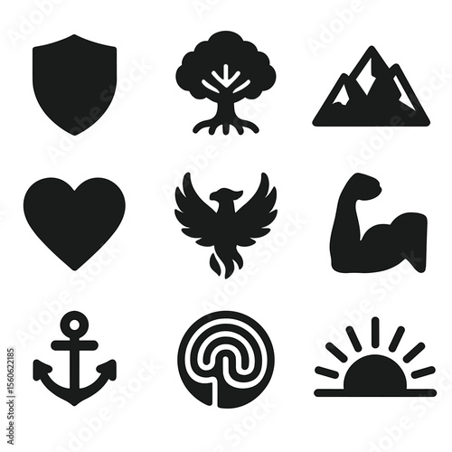 Resilience Icons Grid. Solid, filled icon set of resilience concepts: shield, strong tree, mountain, heart, phoenix, flexed arm,