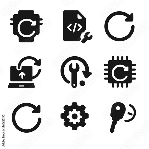 Reset System Icons. Solid, filled icon set of system reset and programming: ECU reflash, code clear icon, reset button, firmware