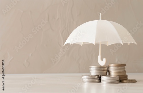 Stacked silver coins protected by a white umbrella on a neutral background, symbolizing financial security, savings protection, investment safety, and economic stability.