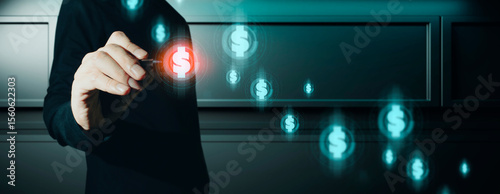 hand of businessman interactive touching a holographic of transaction financial network data system, concept of technology artificial intelligence with human user application