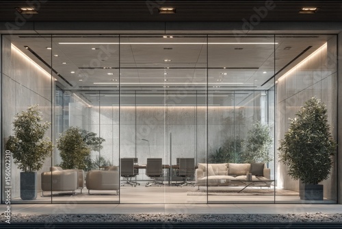 Potted plants and minimalist furniture define a stylish office space illuminated by soft lighting. Large glass walls provide a clear view into the interior, showcasing a conference area.