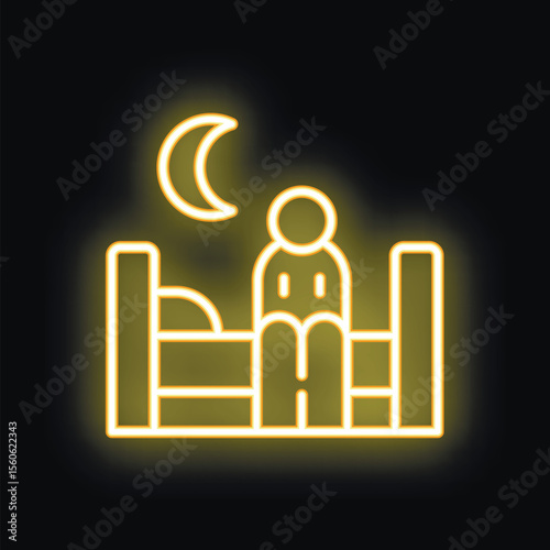 Yellow neon icon of a man having trouble sleeping, tossing and turning in bed at night