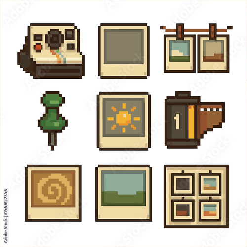 Retro Polaroid Icons. Pixel art icon set of retro Polaroid snapshots: instant camera, white border photo, hanging clip line,
