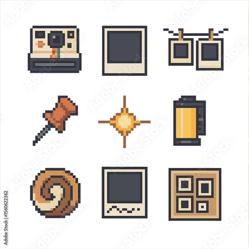 Retro Polaroid Icons. Pixel art icon set of retro Polaroid snapshots: instant camera, white border photo, hanging clip line,