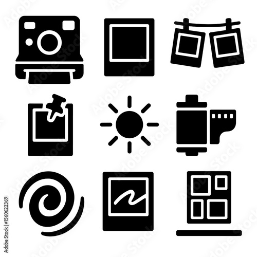 Retro Polaroid Icons. Solid, Filled icon set of retro Polaroid snapshots: instant camera, white border photo, hanging clip line,