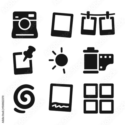 Retro Polaroid Icons. Solid, Filled icon set of retro Polaroid snapshots: instant camera, white border photo, hanging clip line,