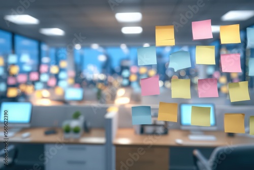 In a contemporary office, colorful sticky notes decorate a glass board, showcasing ideas and tasks. Desks are neatly arranged with computers, plants, and bright natural light illuminating the space.