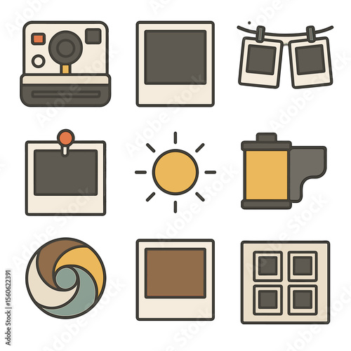 Retro Snapshot Icons. Flat icon set of retro Polaroid snapshots: instant camera, white border photo, hanging clip line, thumbtack,